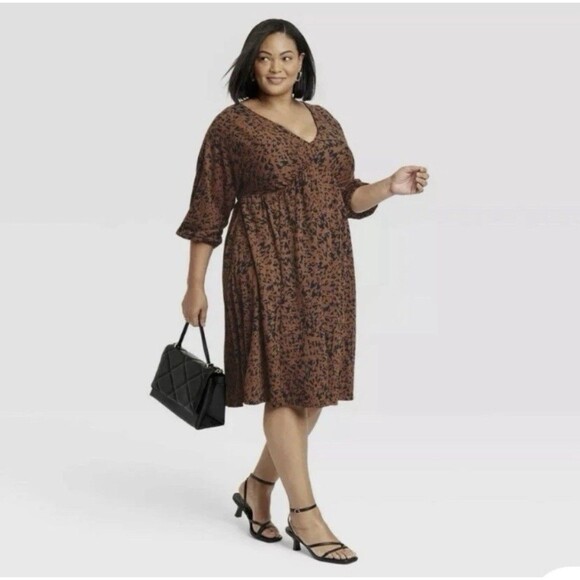 Ava & Viv Geometric Brown Black Balloon Sleeve V-Neck Midi Dress Women’s Size 1X - Picture 1 of 5